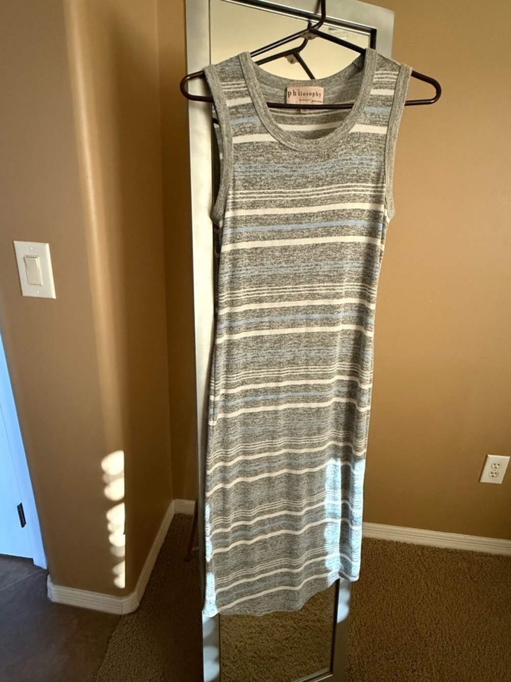 Philosophy Striped Sleeveless Maxi Dress in Gray, Blue & Cream